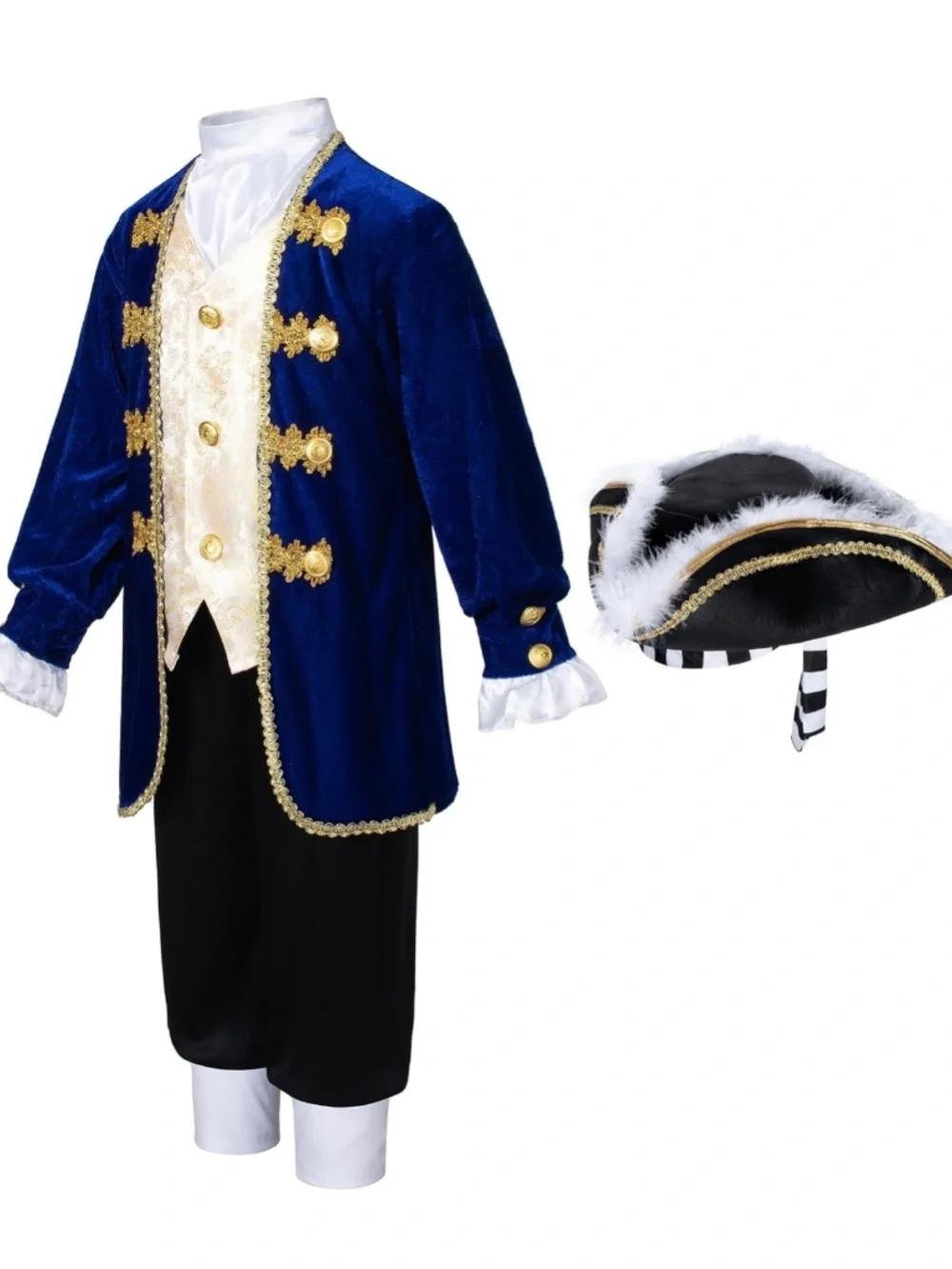 Blue velvet pirate costume with gold trim and white ruffled collar, Boys 8-10